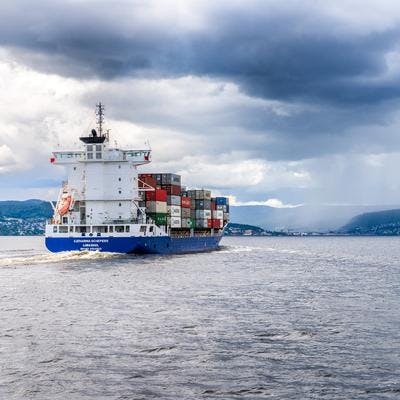 Containerskip går ut en fjord. 